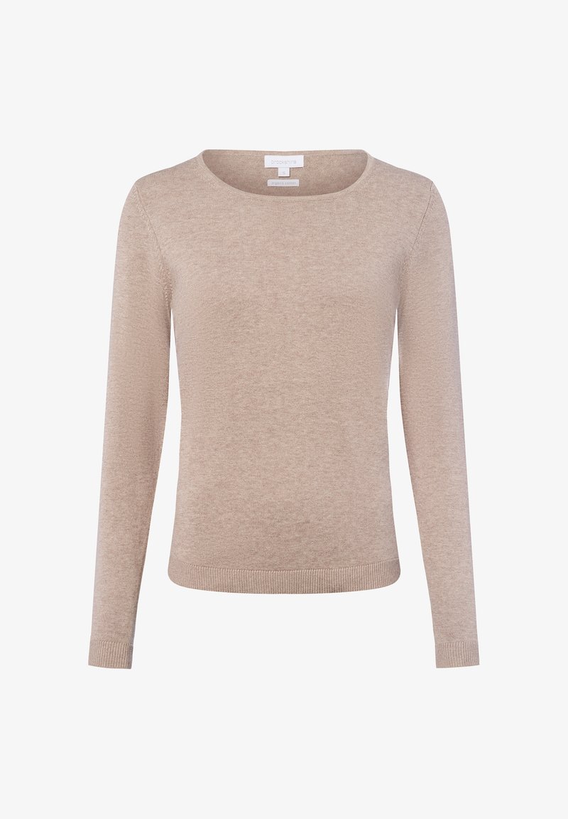 Beżowy sweter z długim rękawem z okrągłym dekoltem, o miękkiej fakturze, z ribbami na mankietach i dolnym brzegu, o gładkim, minimalistycznym wzornictwie.