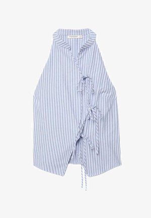 Blau-weiß gestreiftes ärmelloses Wickeloberteil mit drei seitlichen Bindungen und Kragen.