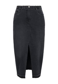 Zwarte spijkerrok met een elastische tailleband, een voorkant split en een rauwe zoom. Heeft twee voorzakken en een knoopsluiting.