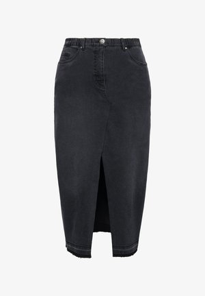 Sort denimnederdel med elastisk talje, frontslids og rå kant. Har to frontlommer og knaplukning.