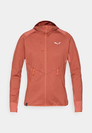 Utendørsjakke i rustfarge, laget av lett stoff. Har hette, frontglidelås og justerbare snorer med kontrasterende detaljer.