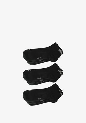 Black socks in a pack of four, made from fabric with a smooth texture. Features size markings "43-46" and a logo on the cuff.