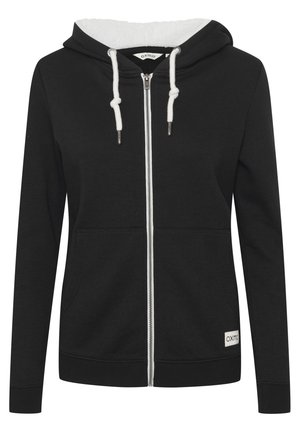 Sudadera con cremallera negra hecha de una mezcla de algodón, con una capucha forrada de pelo blanco, bolsillos frontales y puños y dobladillo acanalados. Etiqueta de la marca en el lateral.