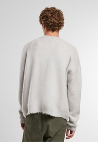 Hellgrauer, gemütlicher Pullover mit weicher Textur, rundem Halsausschnitt, langen Ärmeln und gerippten Bündchen. Der Saum hat einen leicht ausgefransten Rand.