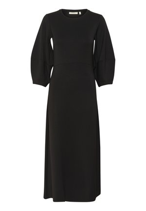 Rochie midaxi neagră, realizată dintr-un material moale, cu un decolteu rotund și mâneci lungi voluminoase, având un corp ajustat și o fustă evazată.