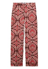 Pantalons à jambe large en tissu marron arborant un complexe motif paisley rouge et crème. La texture du matériau semble lisse avec une taille plate.