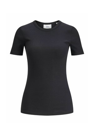 T-shirt noir à manches courtes ajusté en maille côtelée avec un col rond et une petite étiquette blanche intérieure au niveau du col.