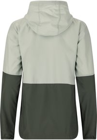 Veste légère à capuche avec un haut vert pâle et un bas vert foncé. Texture lisse, design sportif avec des manches longues et un ourlet droit.