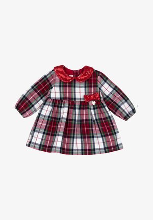 Vestido de cuadros rojos y verdes con un cuello rojo con lentejuelas, mangas largas y un detalle de lazo de tela unido a la cintura.