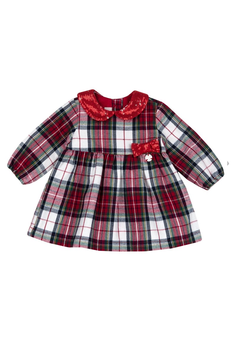 Sukienka w czerwoną i zieloną kratę z cekinowym czerwonym kołnierzem, długimi rękawami oraz dołączoną materiałową kokardą w talii.