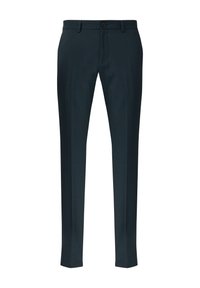 Pantalons en velours côtelé vert foncé sur mesure, fabriqués en tissu lisse, présentant une coupe droite, un devant plat et une fermeture à un bouton à l'avant.