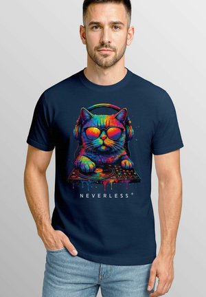 DJ MUSIK FESTIVAL EDM MIT KATZENMOTIV - Print T-shirt - navy