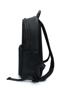 Black leather backpack with a textured finish, featuring a side zip pocket, adjustable straps, and a smooth-paneled base.