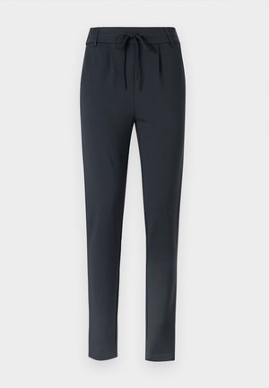 Pantaloni slim-fit blu scuro con vita regolabile, realizzati in un tessuto morbido ed elastico, caratterizzati da un design a vita piatta e gamba affusolata.