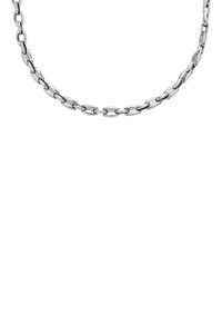 Ocelově šedý řetízek na krk se vzájemně propletenými prodlouženými články s hladkým, leštěným povrchem. Uniformní design se štíhlou, moderní estetikou.