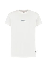 Witte korte mouwen t-shirt met ronde hals en een klein gecentreerd "BALLIN" tekstlogo in donkergrey op de borst.