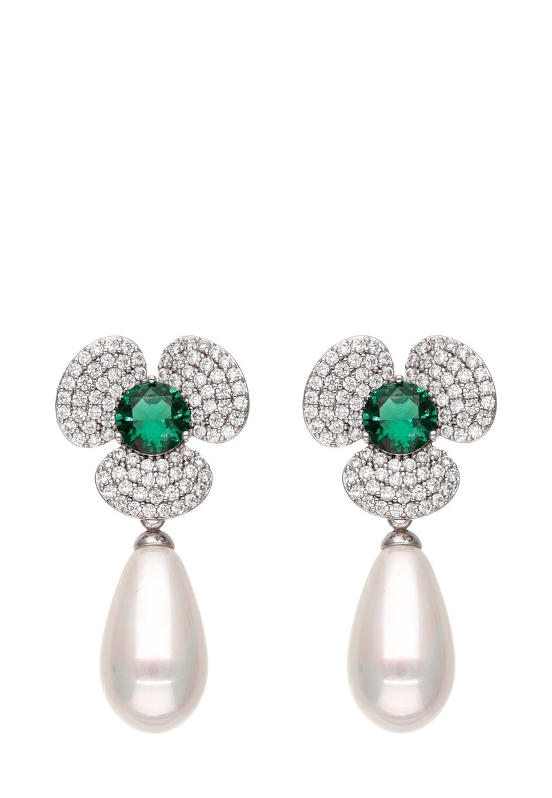 Náušnice s květinovým vzorem, stříbrnými akcenty, zelenými drahokamy a visícím perlovým kapkami. Třpytí se množstvím malých kamenů.