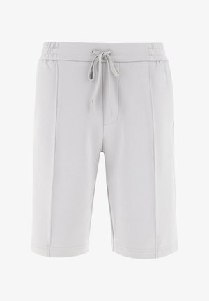 Vaaleanharmaat shortsit, joita valmistettu pehmeästä kankaasta, ja joissa on joustava vyötärönauha kiristysnyörillä, sivutaskut sekä rento istuvuus.