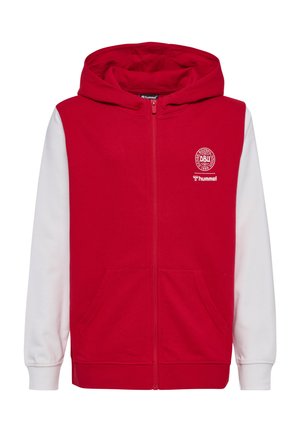 Rot-weißer Kapuzenpullover mit Reißverschluss, Kapuze, Fronttaschen sowie Logos des dänischen Fußballverbands und von Hummel auf der linken Brust.