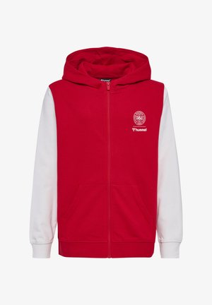 Rød og hvid hættetrøje med lynlås, hætte, frontlommer samt logoer fra Dansk Boldspil-Union og Hummel på venstre bryst.