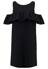 Black sleeveless dress with off-shoulder ruffle detail across the chest and upper arms, straight cut, knee-length.
