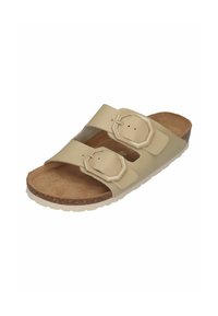 Beige slide sandal featuring two wide straps with octagonal buckles, a textured cork footbed, and a white rubber sole.