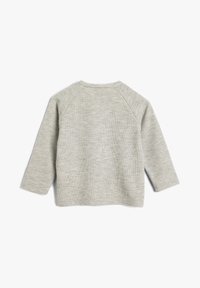 Szary longsleeve wykonany z teksturowanej tkaniny, z okrągłym dekoltem i rękawami raglanowymi, o prostym dolnym wykończeniu i bez widocznych elementów metalowych.