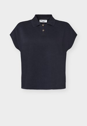 Tumesinine lühikeste varrukatega kootud polaosärk krae, kahe nööbi ja sirge äärega.