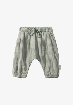 Lichtgroene, gekreukte, katoenen kinderbroek met een elastische tailleband, strik, twee zijzakken en gathered boorden bij de enkels.