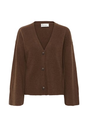 Brown knitted cardigan with a V-neck, five button closure, and ribbed hem and cuffs. Made of soft material for comfort.