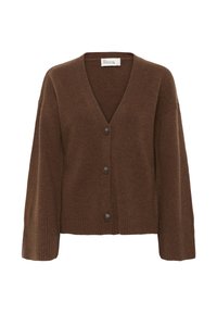 Brauner Wollcardigan mit V-Ausschnitt, langen Ärmeln und gerippten Bündchen. Besitzt vier dunkle Knöpfe an der Vorderseite und hat eine lockere Passform.