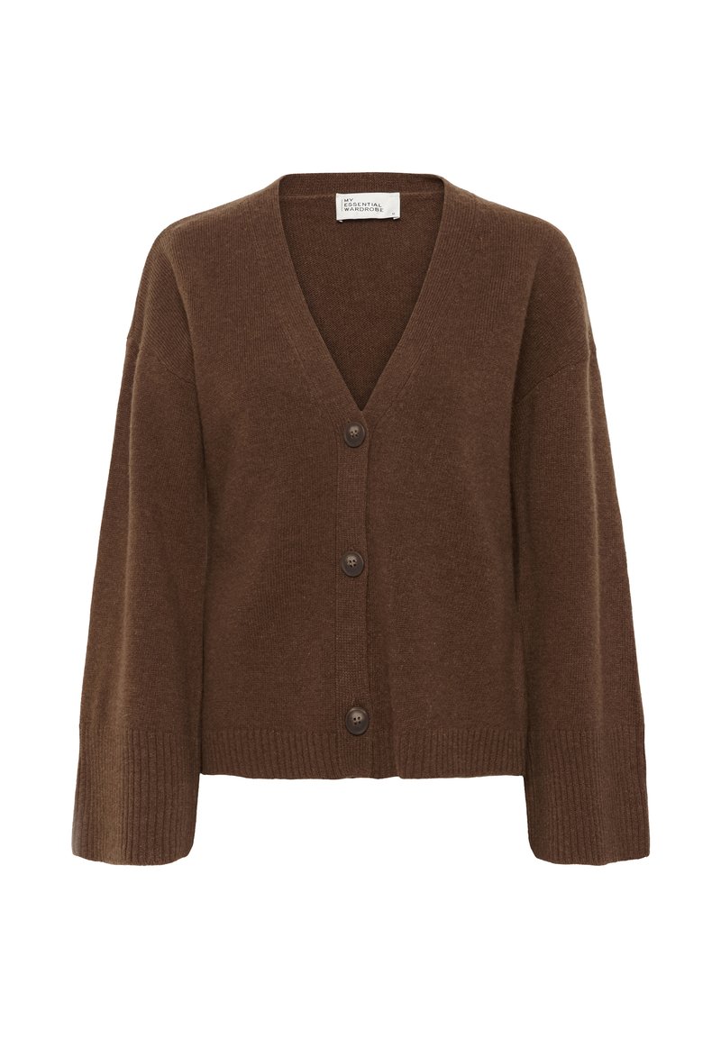 Brauner Wollcardigan mit V-Ausschnitt, langen Ärmeln und gerippten Bündchen. Besitzt vier dunkle Knöpfe an der Vorderseite und hat eine lockere Passform.