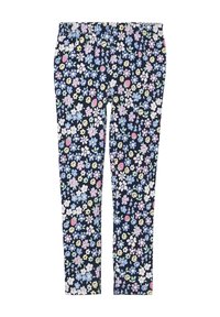 Leggings mit floralem Druck auf dunkelblauem Hintergrund, die kleine, mehrfarbige Blumen zeigen und einen elastischen Bund haben. Elastischer Stoff, enganliegendes Design.