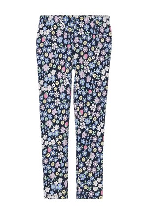 Leggings à imprimé floral avec un fond bleu marine foncé, ornés de petites fleurs multicolores et d'une taille élastique. Tissu extensible, coupe ajustée.
