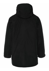 Veste noire imperméable avec capuche, au design épuré et à la texture lisse. Le détail au dos inclut un logo et une coupe décontractée.