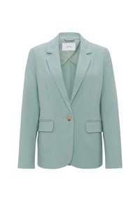 Blazer verde menta realizzato in tessuto testurizzato, con chiusura a un bottone, colletto a revers e due tasche frontali.