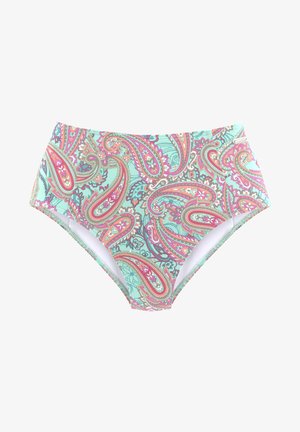 Visoki bikini donji dio u mint zelenoj boji s uzorkom paisleyja koji sadrži ružičaste, ljubičaste i bijele akcenta. Izrađen od rastezljivog materijala.