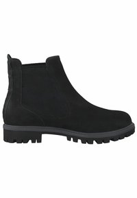 Stivali Chelsea in suede nero con pannelli elastici laterali e suola in gomma testurizzata. Presentano una punta tondeggiante e un'altezza del tacco moderata.