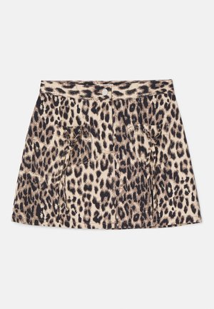 Leopardo rašto džinsinė sijonas, su aukštu juosmeniu, priekiniais mygtukais užsegamas ir dviem šoniniais kišenėmis su raištelių detalėmis.