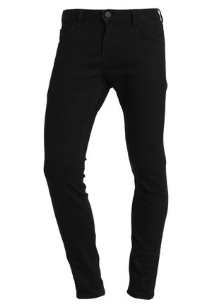 Zwarte denim jeans met een slim fit, klassiek vijf-pocket ontwerp en een sluiting met een knoop aan de voorkant. Soepele textuur met minimale versieringen.