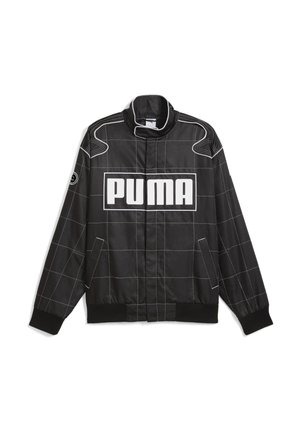 Black jacket with white grid pattern, high collar, front zipper, two side pockets, and large "PUMA" logo on the chest. Black ribbed cuffs and hem.