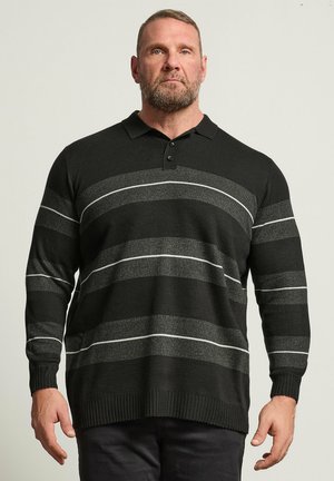 Mann mit kurzen Haaren und Bart, trägt schwarzen und grau gestreiften langärmeligen Polo-Pullover, steht vor einem schlichten hellen Hintergrund.