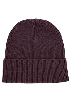 Donkerpaarse gebreide beanie met een brede omgeslagen rand en geribbelde structuur, getoond op een witte achtergrond.