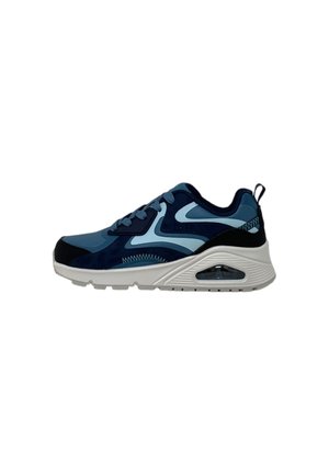 Donkerblauw sportieve schoen met lichtblauwe accenten, gemaakt van mesh en synthetische materialen, met een getextureerd zijpaneel, een witte tussenzool en een zichtbare luchtunit.