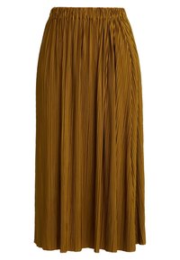 Falda midi plisada en amarillo mostaza, con una cinturilla elástica y una textura suave, con pliegues verticales profundos a lo largo de la tela.