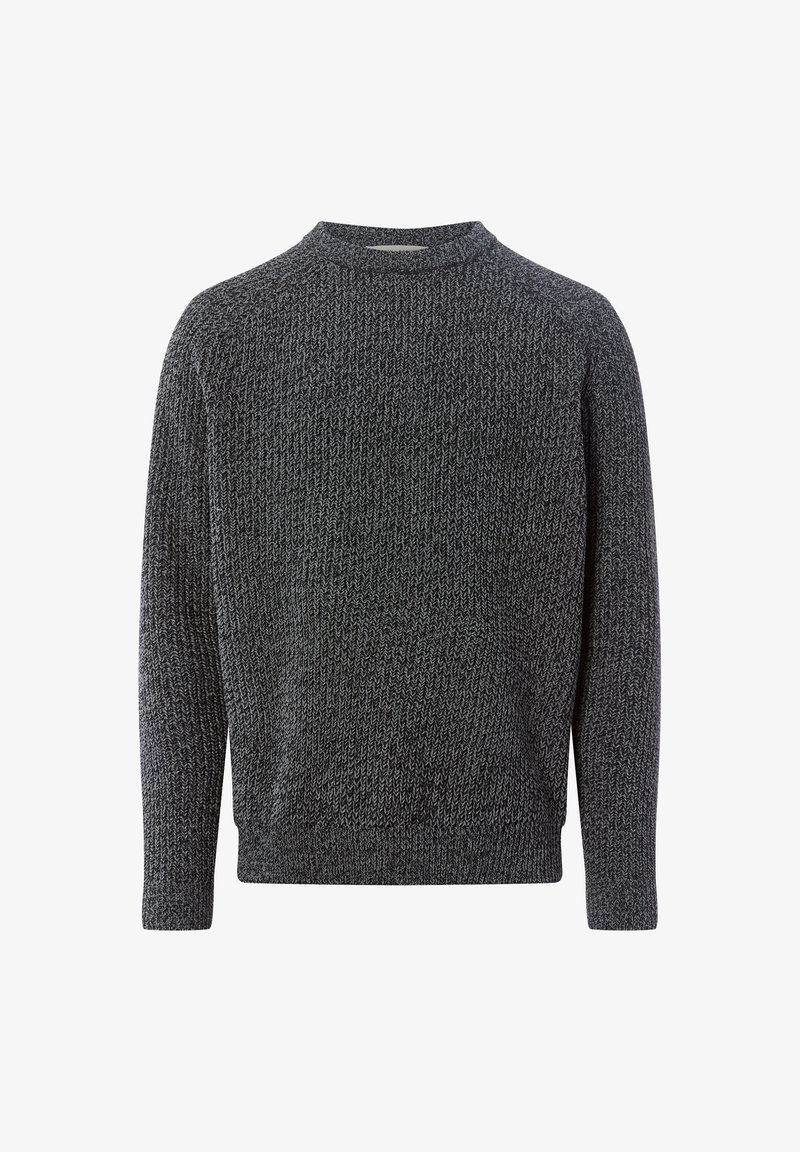Dunkelgrauer, gestrickter Pullover mit einem strukturierten Muster, rundem Ausschnitt und langen Ärmeln. Der Stoff wirkt weich und warm mit einer lässigen Passform.