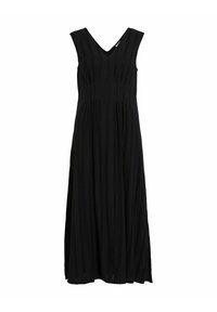 Abito maxi nero senza maniche con scollo a V, texture a pieghe verticali e silhouette fluida. Realizzato in tessuto leggero.