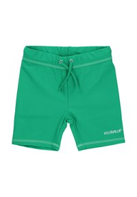 Gröna badshorts gjorda av mjukt stretchtyg med elastisk midja, snörning i midjan och logotypdetalj nederst till höger.