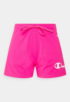 Helles pinkfarbenes Shorts mit elastischem Bund und Kordelzug, mit weißem Champion-Logo am unteren linken Bein.