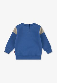 Blaues Sweatshirt mit langen Ärmeln, gerippten Bündchen und Saum. Mit beigen Schulterakzenten und einer Öffnung im Nackenbereich hinten. Hergestellt aus weichem Stoff.